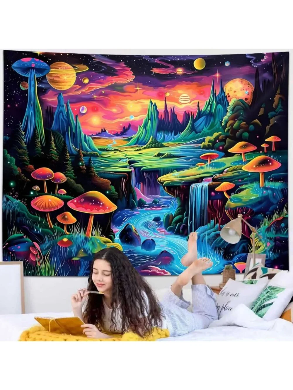 Colorful Galaxy Tapestry, UV Reactive Mushroom & Waterfall Wall Art, Aesthetic